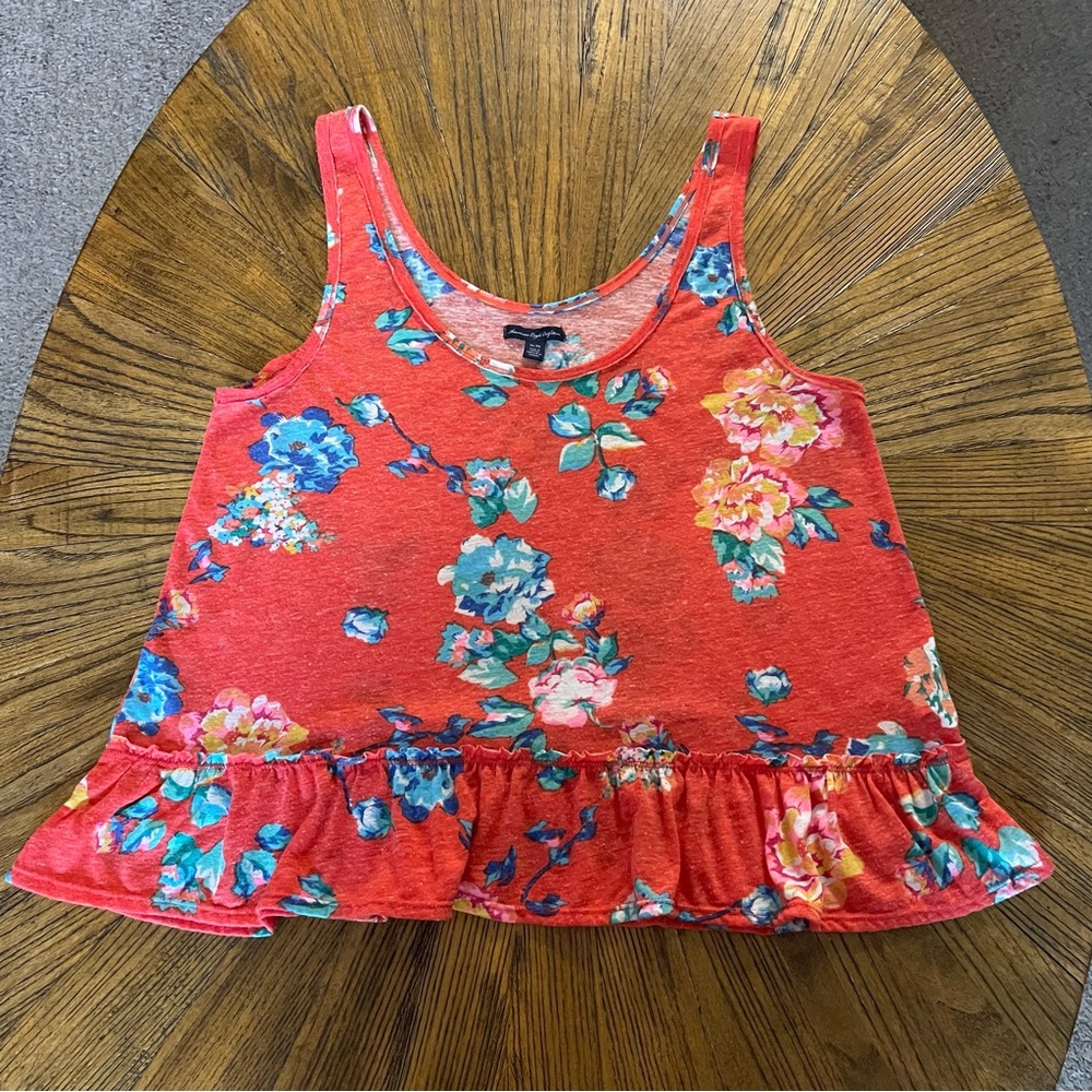 American Eagle Outfitters Red Floral Ruffle Hem Tank